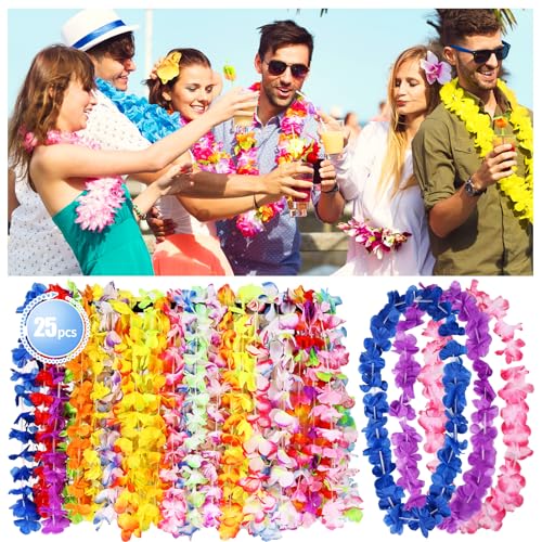 FeelfunFeather 25pcs Leis for Luau Party - Colorful Hawaiian Leis Bulk Tropical Flower Lais Hawaii Decor for Summer Beach Pool Decoration Favour Supplies - Thumbnail 3