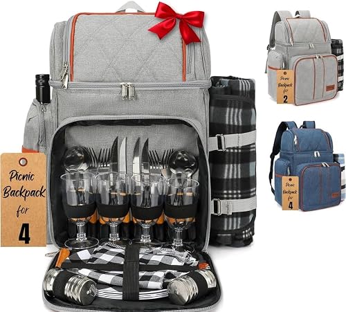 Rnoony Picnic Backpack for Camping, Picnic Basket for 4 with Insulated Cooler Bag and Bottle Pouch, Picnic Bag with Lightweight Blanket and Cutlery Set for Family, Couples and Hiking