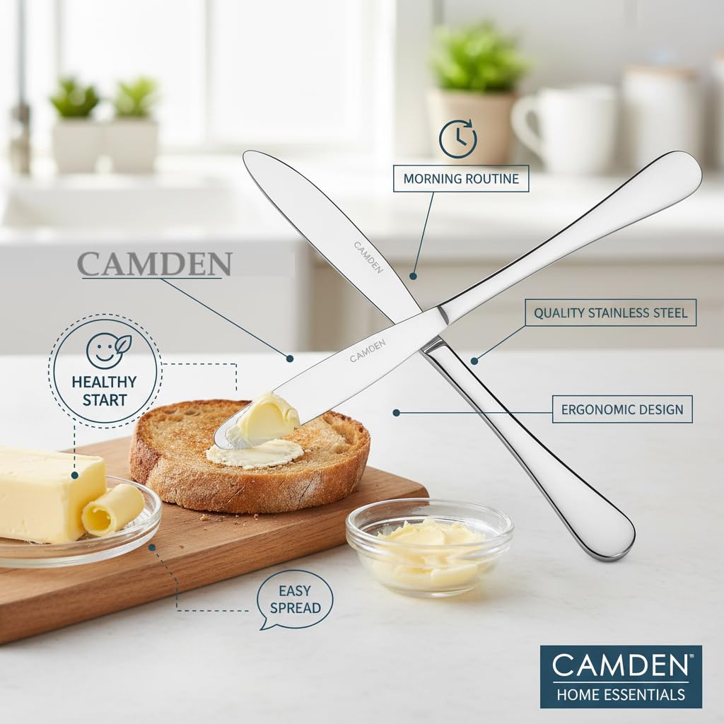 CAMDEN Premium Stainless Steel Butter Knives Set of 2 (21cm, 3.5mm Thick) | Elegant Silver Finish, Rust Resistant, Ideal for Spreading Butter & Jam 2
