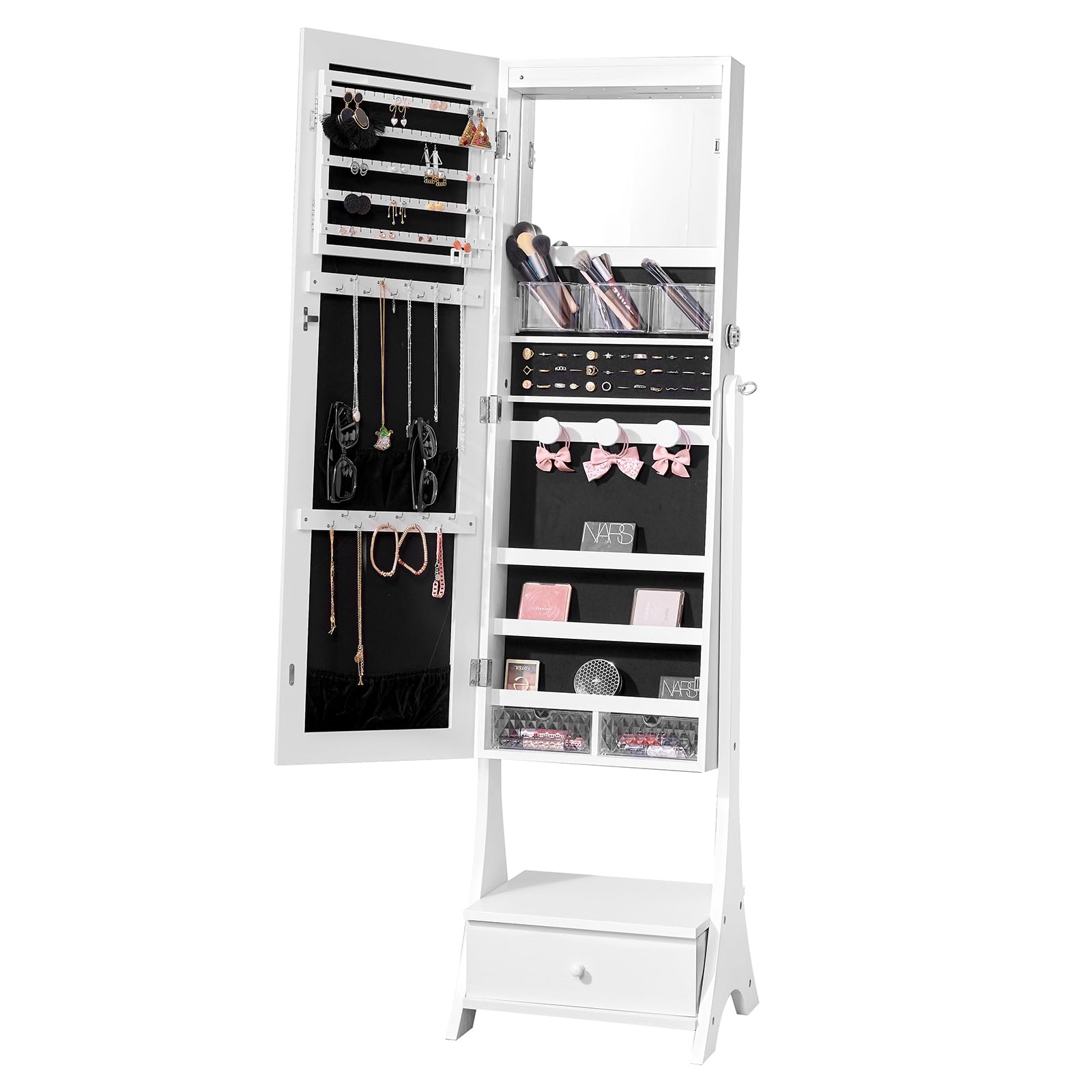 VEVOR Armoire à Bijoux avec Miroir Pleine Longueur, Organisateur de Bijoux sur Pied avec Rangement, Meuble de Rangement pour Bijoux Verrouillable, Doublure en Velours, LED Intérieur, Tiroir, bLANC