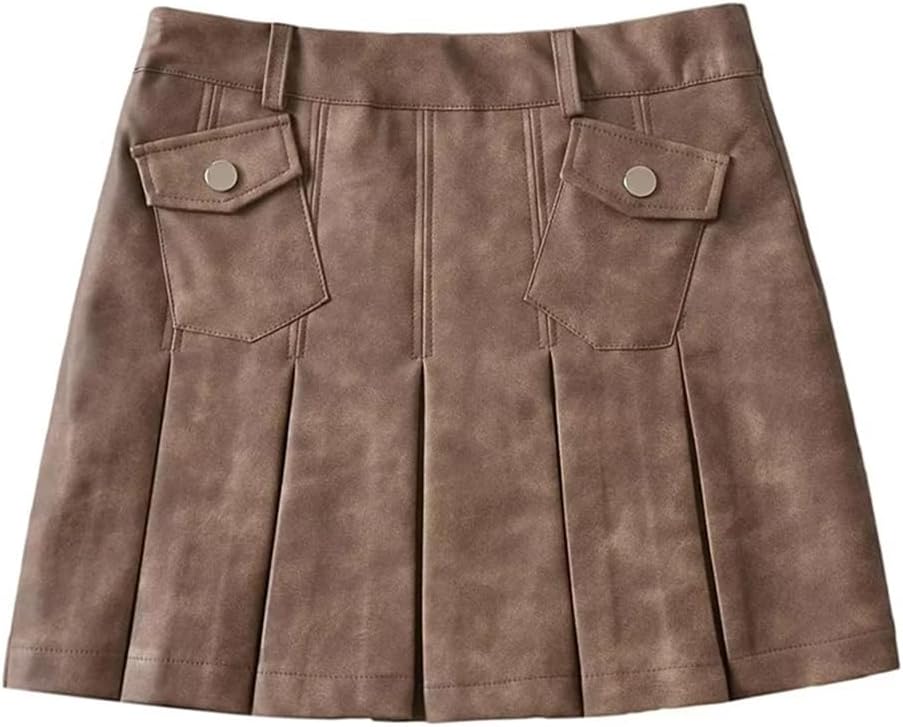 Women Autumn Pleated Shorts Skirts Sexy Pu Mid Waist Mini Skirt A-Line Skorts