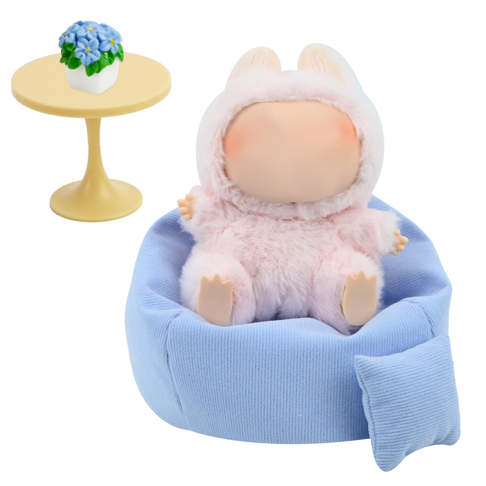 Mini Bean Bag Chair for Labubu 15-17cm Dolls Seat Soft Cute Sofa with Pillow Table, and Plant Labubu Accessories Furniture Decoration for fans Collectors Blue