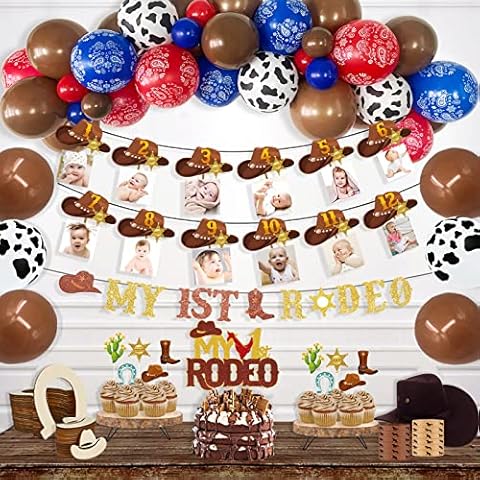 My First Rodeo Birthday Decorations, Hombae Western Cowboy First Birthday Party Themed Decoration, 1st Photo Banner Cake Cupcake Topper Balloon Garland Arch Kit Cover
