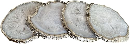 Posavasos de ágata blanca en rodajas naturales para bebidas. Juego de 4 posavasos de cristal de geoda de piedra con borde plateado, protectores de