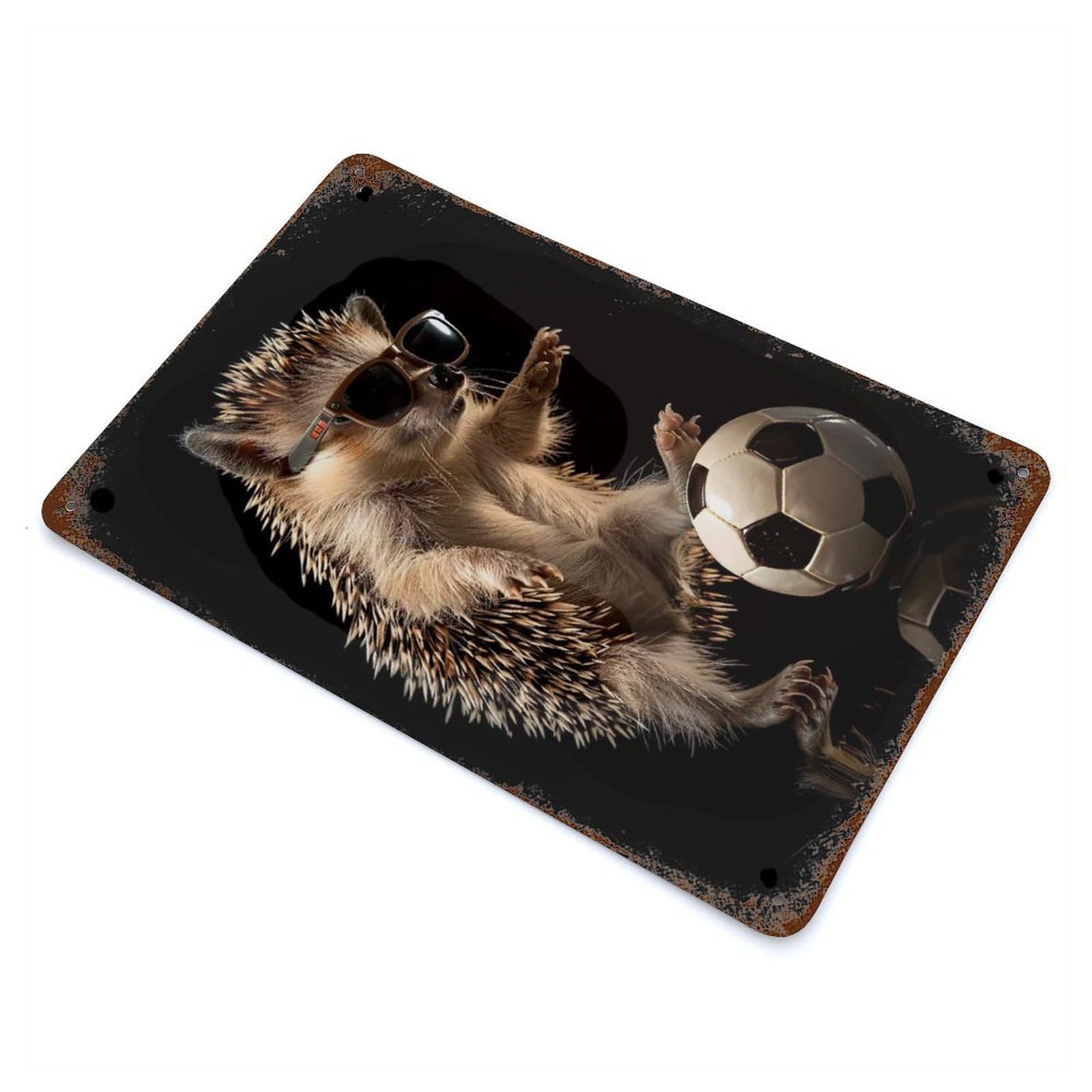 Hedgehog Soccer Player Rust Effect Tin Sign 11.8"x7.9", Novelty Wall Decor for Garage, Pub Or Kitchen