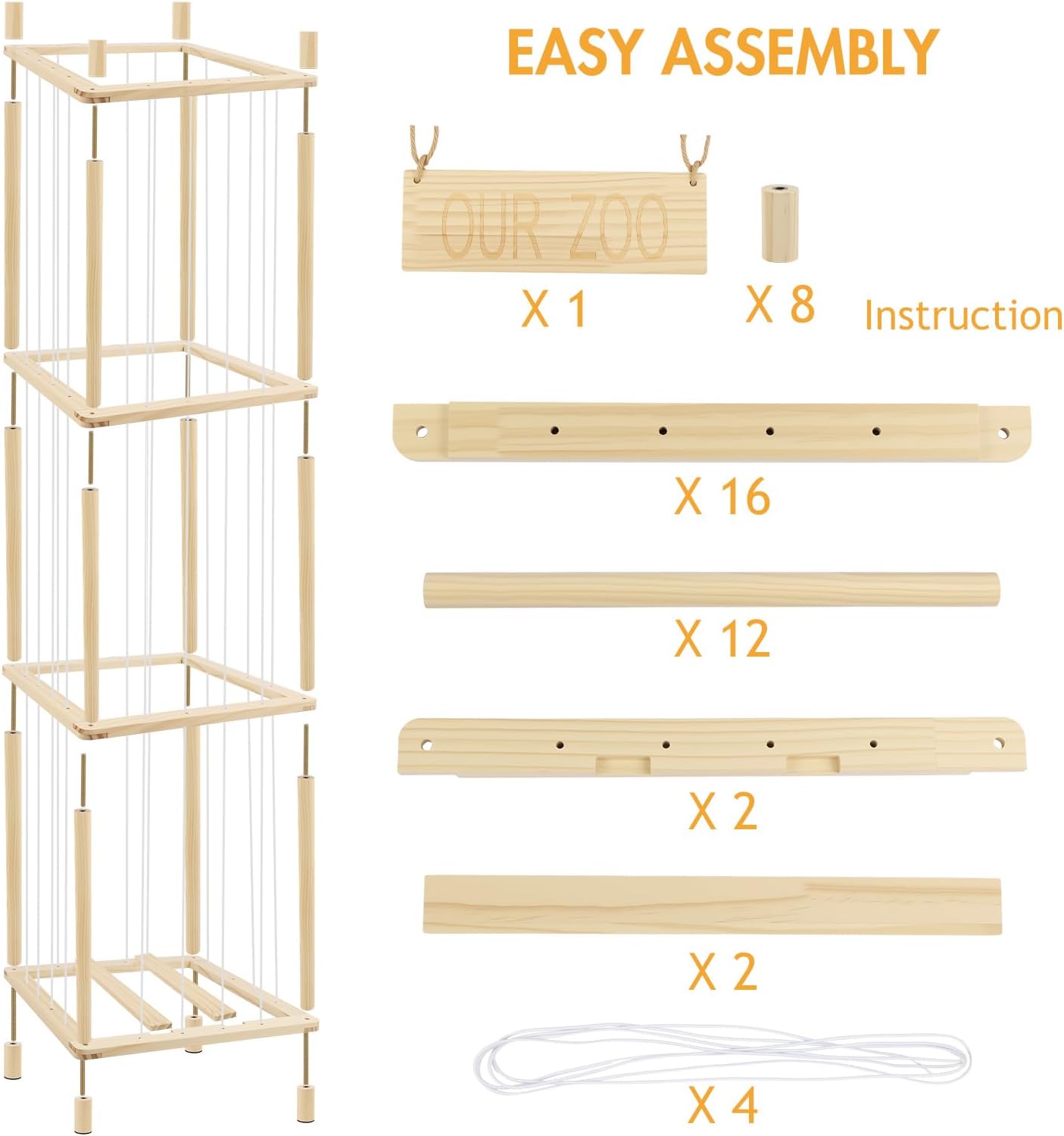 54" Tall Wooden Stuffed Animal Storage Organizer with Anti-Tip Wall Bracket, Plushies Storage Holder with Elastic Bands, Stuffed Animals Organizer and Display Rack for Kids Room, Bedroom, Playroom