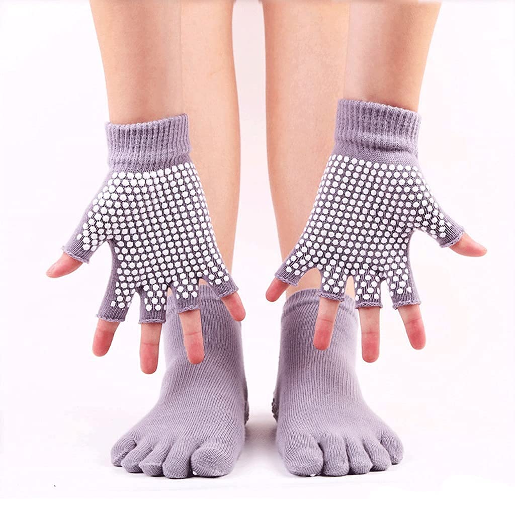 Unisex Dorosły Rękawiczki Kobiety Skarpety Jogi Zestaw Non Slip Mettony Jogi Antypoślizgowe Silikonowe Kropki Pięć Finger Toe Masaż Sporty Skarpetki Kostki Pilates/Szary/Rozmiar 34-39.