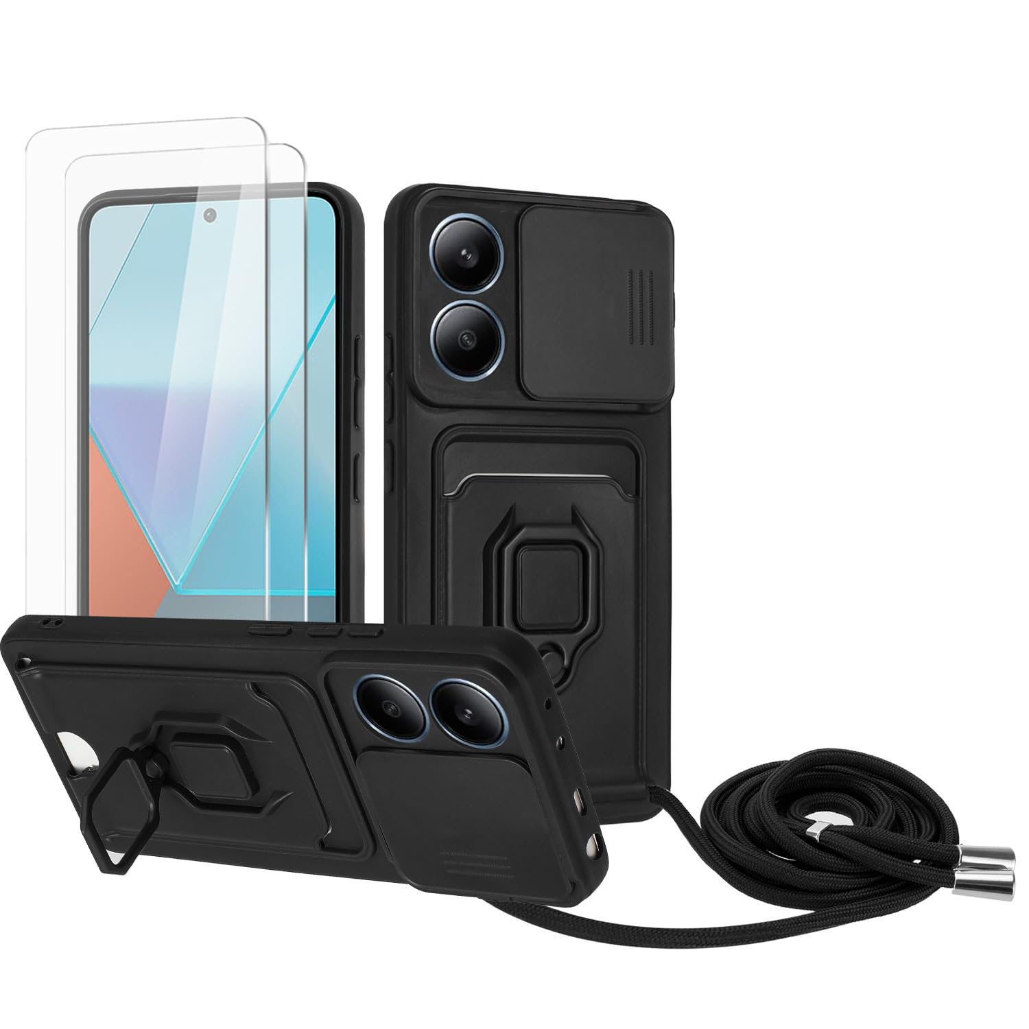 Zallagre Funda con Cuerda Compatible con Redmi Note 13 Pro 5G,[2 Packs Cristal Templado],Ranura para Tarjetas,Cubierta de Cámara Deslizante Proteger,360 Anillo Soporte-Morado — view 82