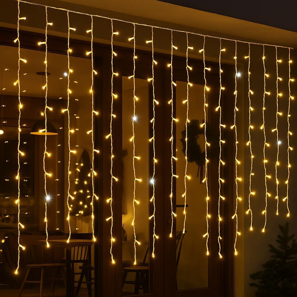 Elektronova Lichtervorhang mit 200 LEDs, 5 m, gelbes Licht, weißes Kabel, IP65, verlängerbar, mit hängenden Drähten in abwechselnden Längen (30 – 70 – 40 – 60 cm) für Wasserfall-Effekt
