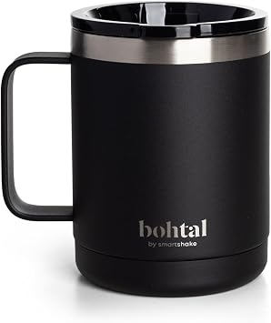Smartshake Bohtal Insulated Coffee Mug 12 oz, Double Wall Vacuum Insulated Mug with Lid, Leakproof BPA-Free Stainless Steel Coffee Cup, Travel Mug for Hot & Cold Beverages Black