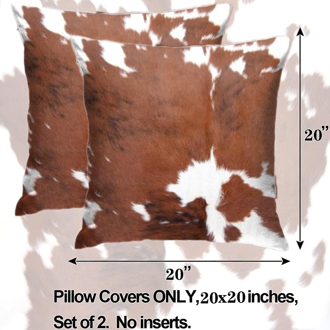 Velvet Throw Pillow Covers 20x20, Soft Vintage Couch Pillow Cover, Cow Hide Cowhide Print Farm Animal Fur Square Accent Cushion Cover for Farmhouse Living Room Decor, Brown White