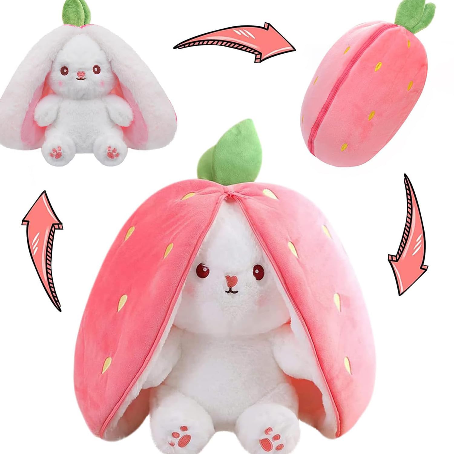 ASREJUR Bunny Plush Toy,25 cm Cute Plushies,Carrot Strawberry Cute Plushies,Soft Pink Bunny Teddy,Cartoon Birthday Gifts Doll,for Girls,Boys,Adults,Kids,Valentine's Day, Christmas, Easter Gifts