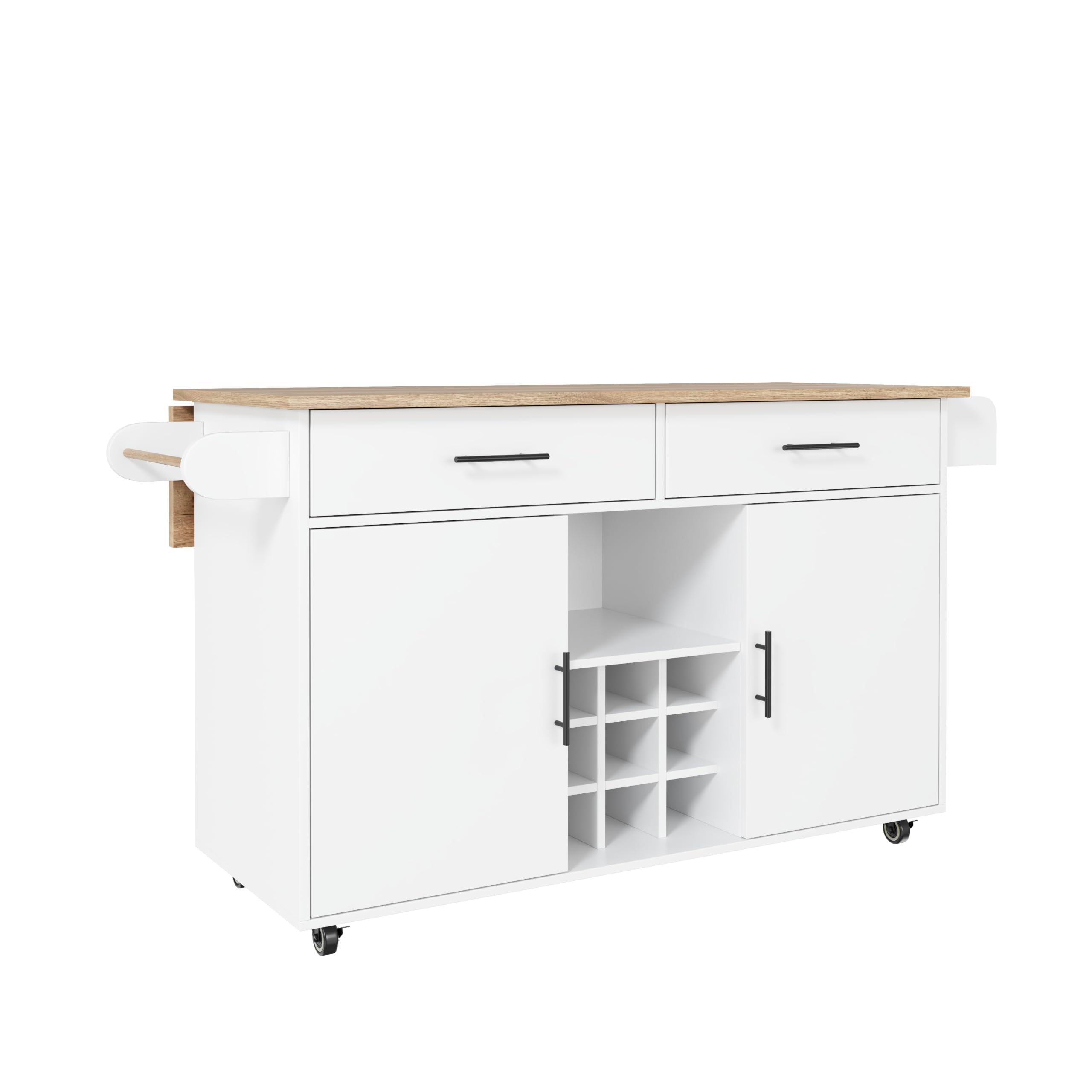 Isola da cucina con piano di lavoro pieghevole, bianco, carrello da cucina arrotolabile con vano portaoggetti, 2 cassetti, scaffale per vino, portaspezie, portasciugamani, design salvaspazio