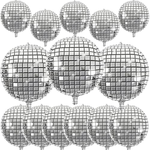 Image of 14 Pcs Disco Ball Balloons 22 /15 /10 4D Ball Balloons Metallic Silver Disco Mylar Balloon Chrome for Birthday Bachelorette 70s 80s 90s Themed Graduation Retro New Year Eve Prom Party Decor