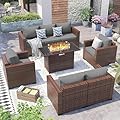 VONZOY Patio Furniture Set with Fire Pit Table, 5 Pieces Outdoor Furniture Sets, Wicker Patio Conversation Sets w/Waterproof Covers for Backyard, Porch, Balcony, Poolside(Grey)