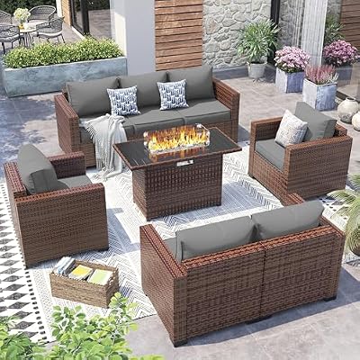 VONZOY Patio Furniture Set with Fire Pit Table, 5 Pieces Outdoor Furniture Sets, Wicker Patio Conversation Sets w/Waterproof Covers for Backyard, Porch, Balcony, Poolside(Grey)