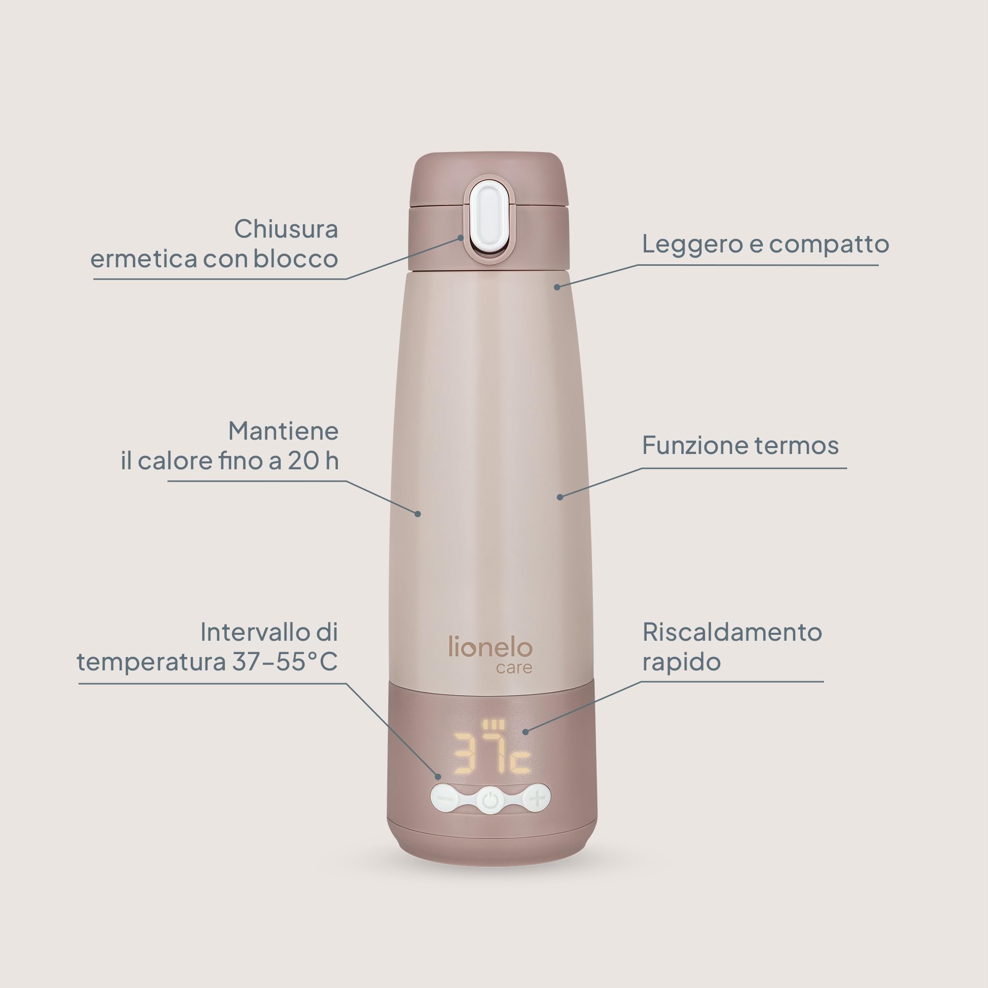 Lionelo THERMUP BOTTLE Scaldalatte Portatile Senza Fili, Compatto 350 ml, Riscalda Latte o Acqua in 3,5 Min, Controllo Temperatura 37-55°C a 5 Livelli, Termos per Latte fino a 20 h, Display