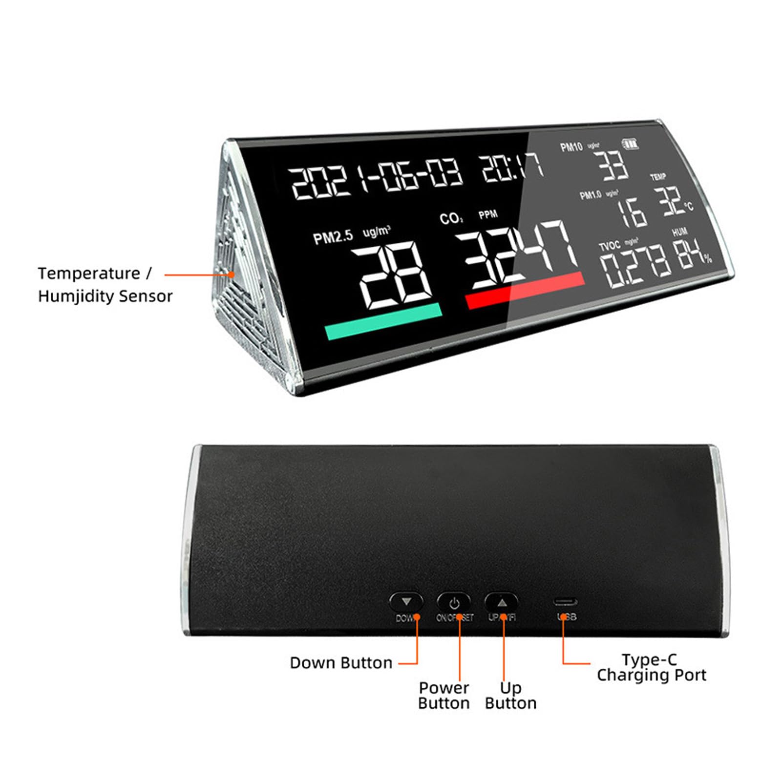 Misuratore della qualità Dell'aria, Rilevatore di umidità della Temperatura CO2 PM2.5 TVOC | Corpo in ABS, LCD da 9 pollici, data e ora, batteria da 5000 mAh, allarme sonoro e visivo, impostazione soglia, per hotel