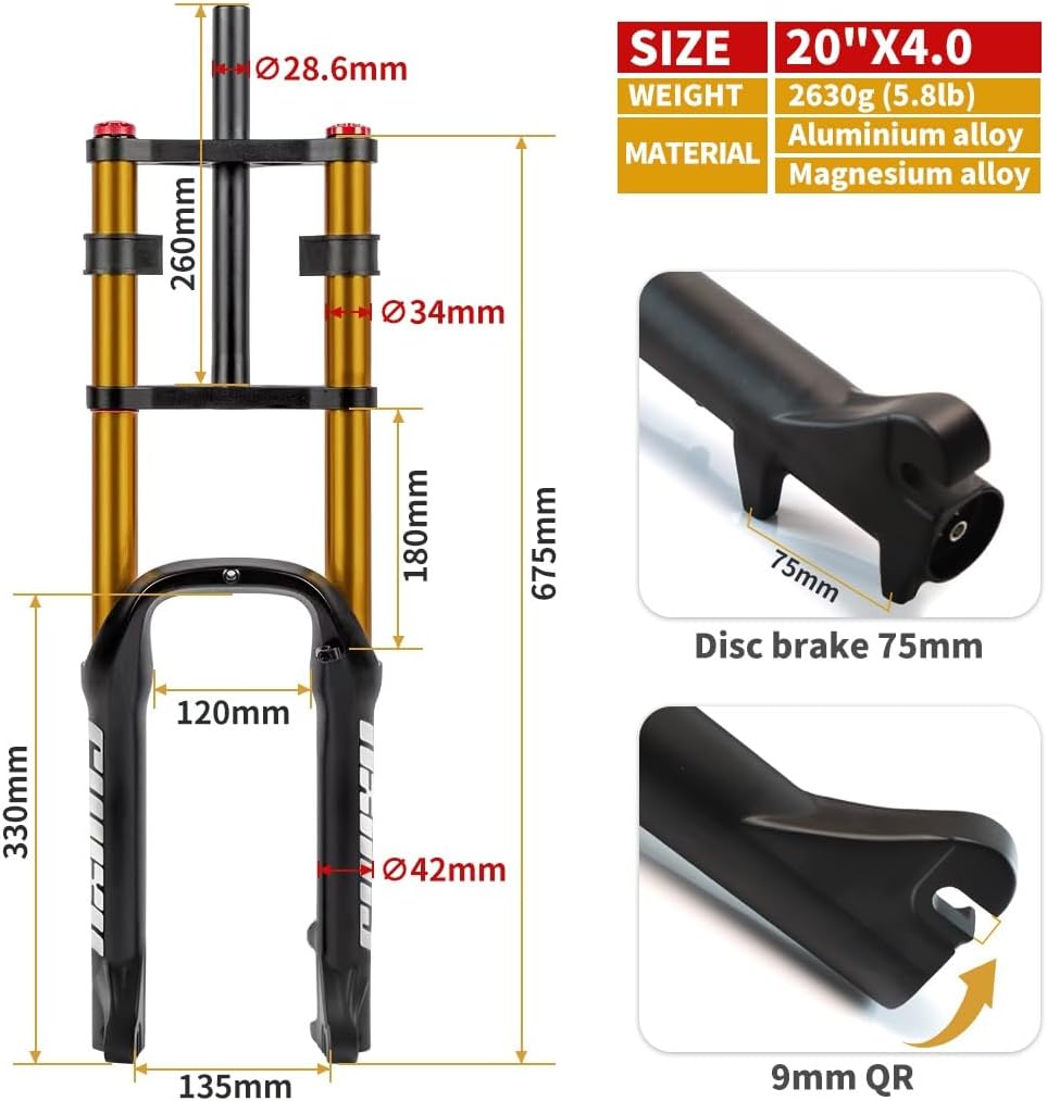 20/26 inch Air Bike Suspension Fork 4.0 Fat Tire eBike Front Forks 140mm Travel Straight 1-1/8" Double Crown Mountain Bike Fork with DH Damping Adjustment QR 9x135mm for Snow Beach Gold