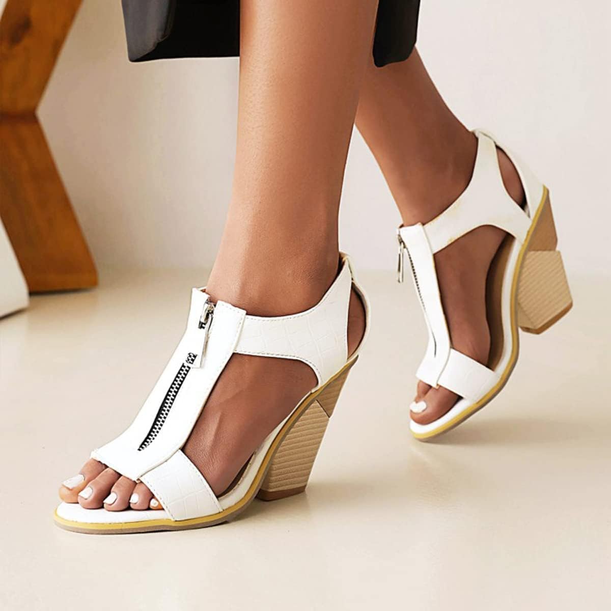 SACFOF Womens Front Zipper Wedge Sandals Dressy Platform Sandals Open Toe Slingback Summer Chunky Heel Pumps Sandals