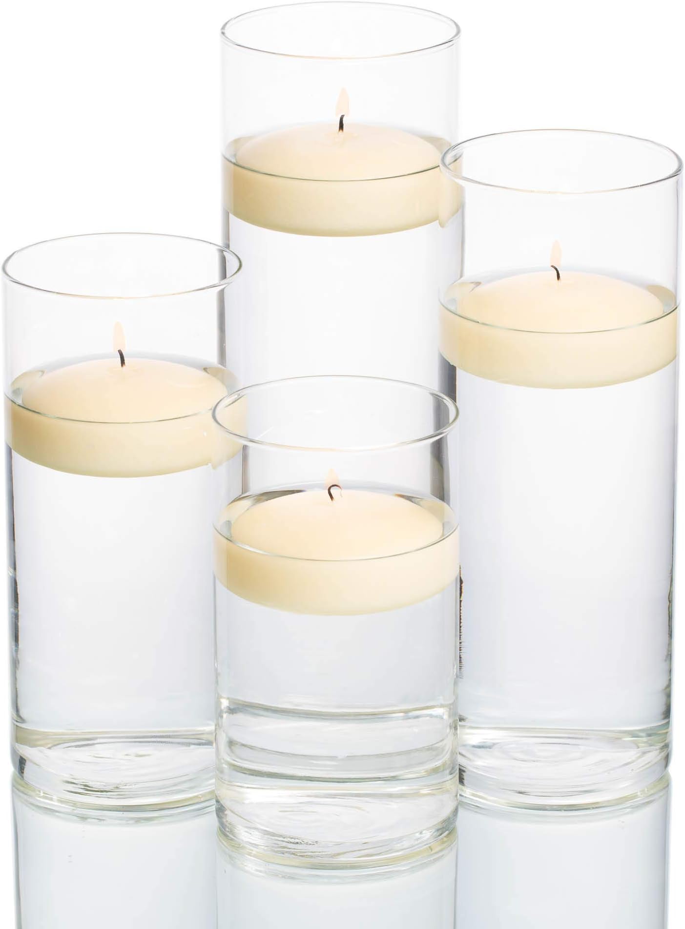 Set of 48 Eastland® Cylinder Vases and 48 Ivory Richland Floating Candles 3"