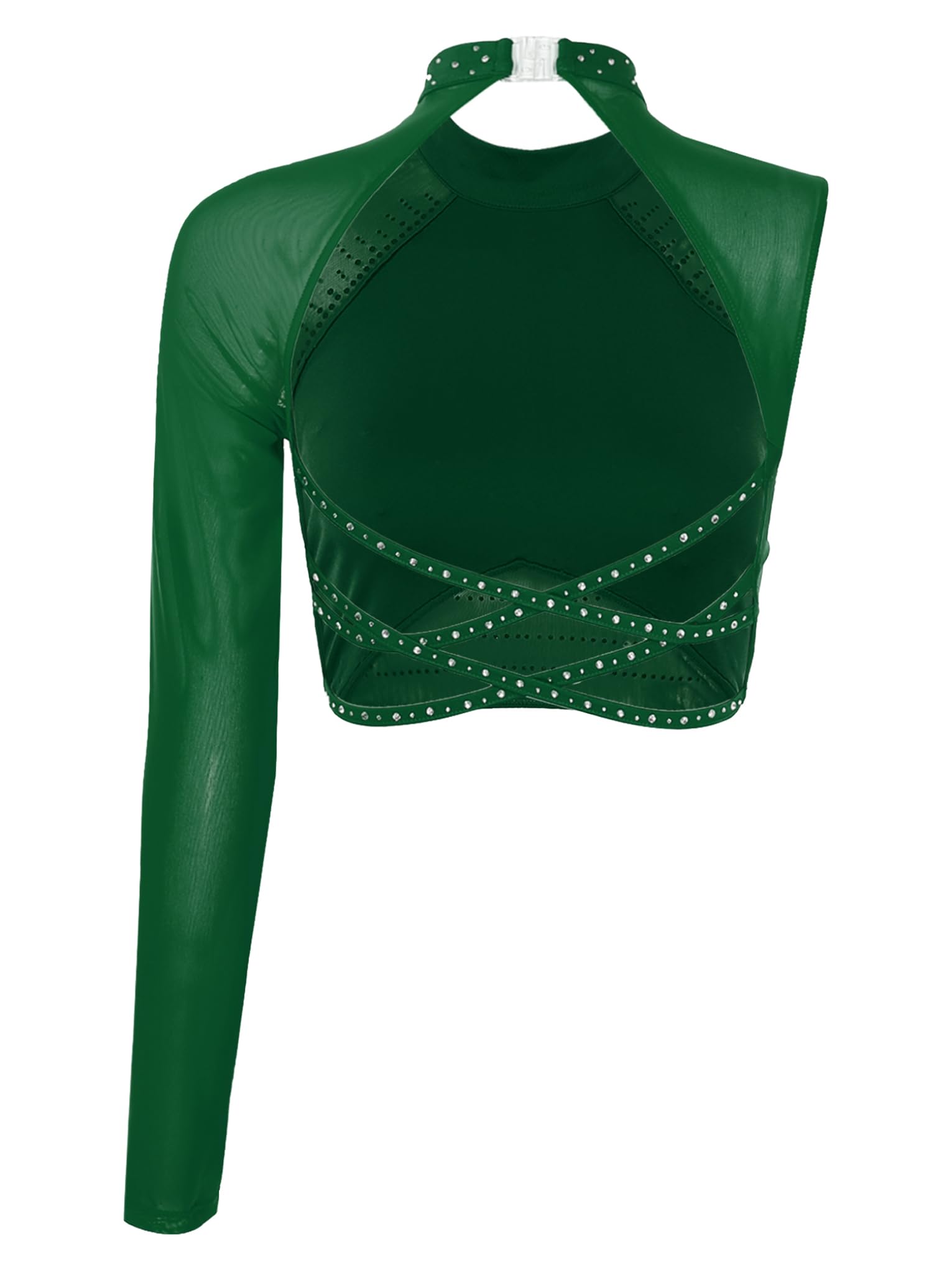 Jan Jean Lyrical Modern Dance Costume for Women One Shoulder Shiny Rhinestones Crop Top Figure Skating Dance Top Green Small