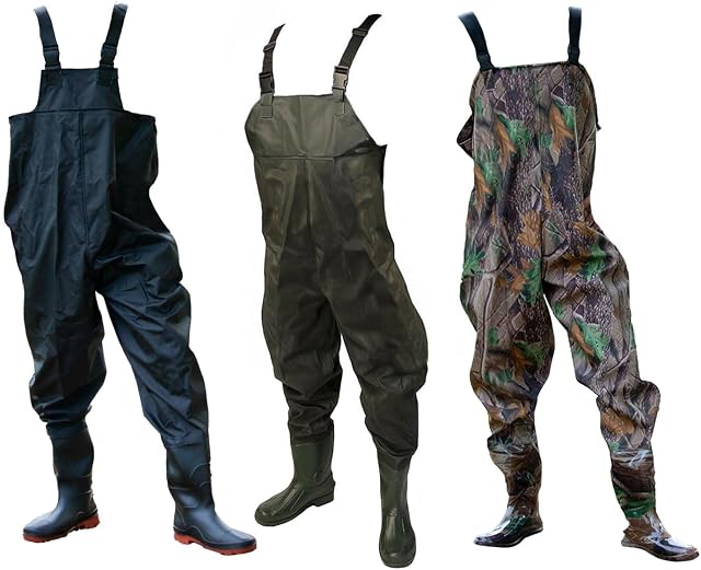 DNA Leisure New Green Camo or Black PVC Flood Fly Carp Coarse Fishing Working Chest Waders with Elastic Quick Release Buckle Straps and Anti-Slip Moulded Boots/Wellies EU 41 42 43 44 45 46 UK 7 8 9 10 11 12