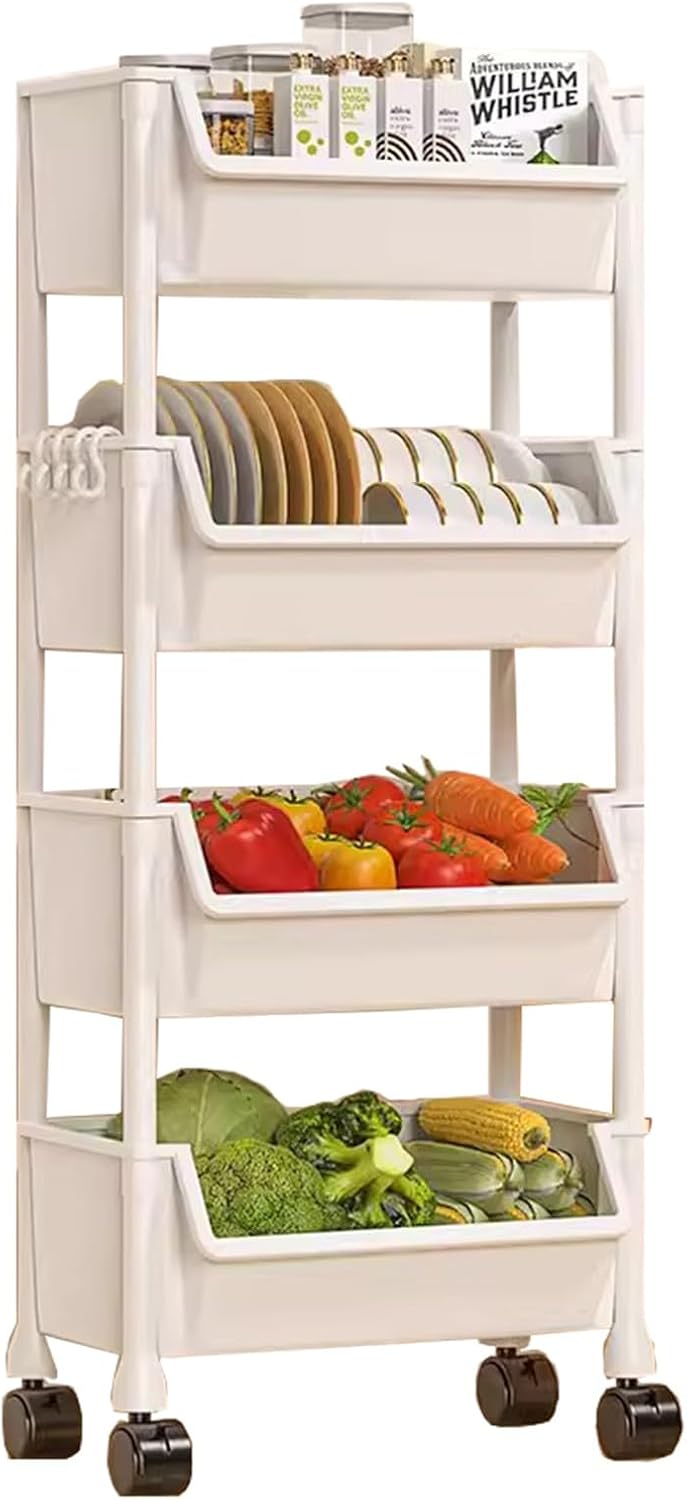 Rolling Cart with Universal Casters, Multipurpose Rolling Storage Cart Easy Movement Cart Organizer for Bedroom, Office, Bathroom(Four Ayer)