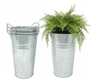 DAHO 4 Pack Tall Metal Planters for Plants, Flowers, Decor, Garden, Patio, Indoor or Outdoor (Galvnized, 9.06'')
