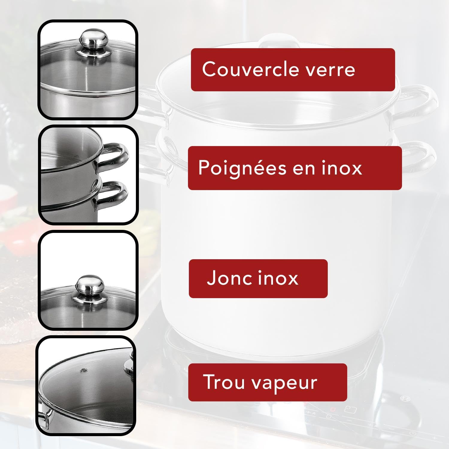 BAUMALU Combiné Traiteur Couscoussier Acier Inox Ø24cm 9L Triple Fond Diffuseur Induction