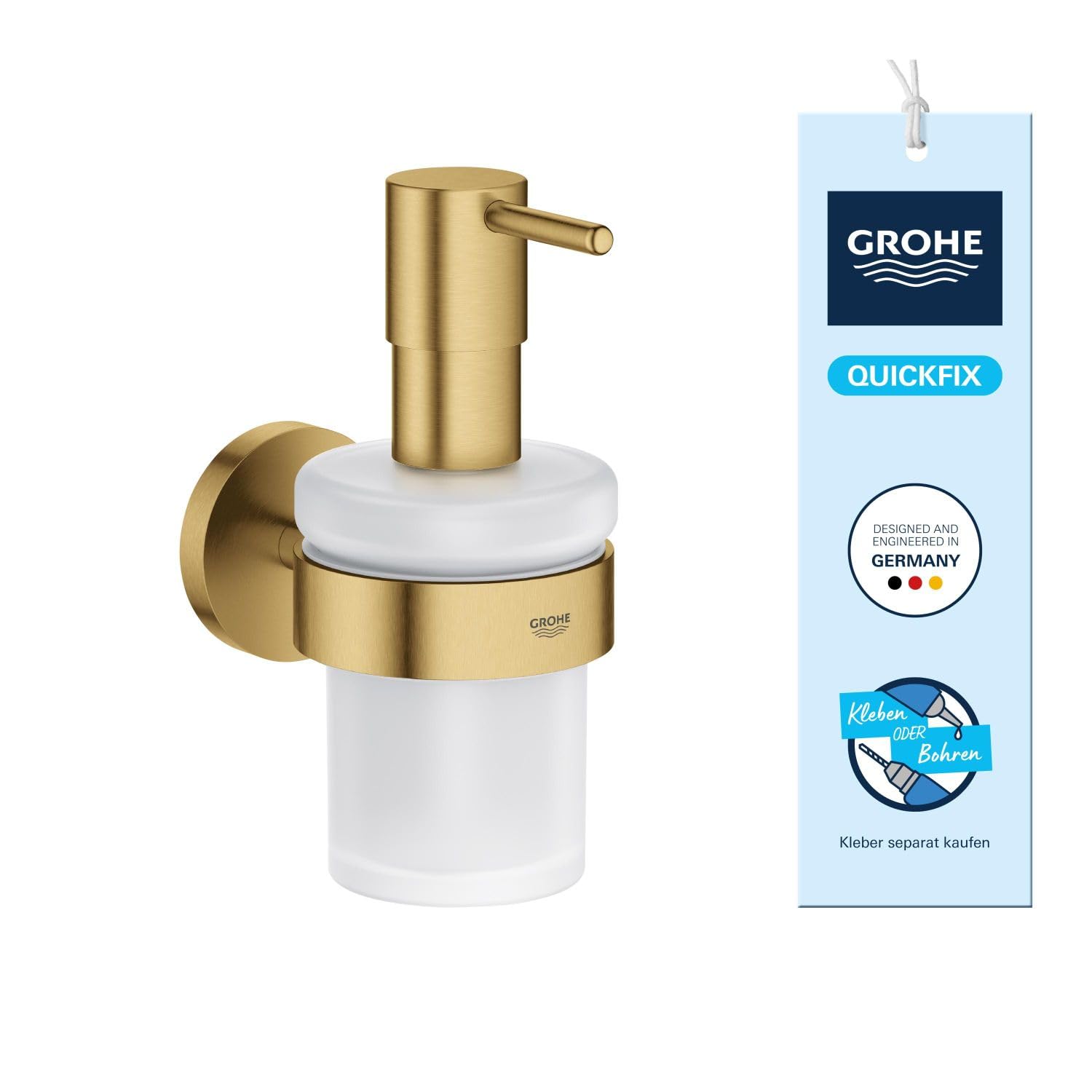 GROHE Start, klebbarer Seifenspender für das Bad, ohne Bohren (Füllmenge: 160ml, mit Halter, verdeckte Befestigung, inkl. Schrauben und Dübel, Kleber separat kaufen) cool Sunrise, Gold, 41195GN0