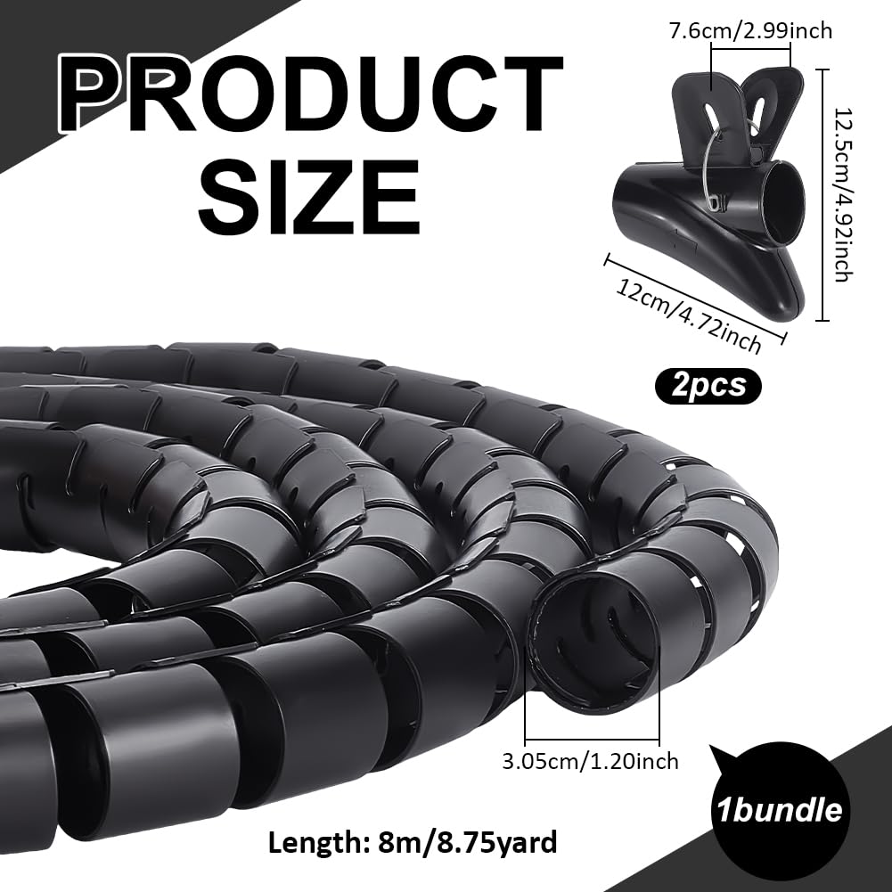 UNICRAFTALE - Protector de cable de 8 m, diámetro 30,5 mm, negro, protector de mangueras hidráulicas, funda de plástico para cables, tubo en espiral, con 2 cierres de cremallera, enrollado para TV