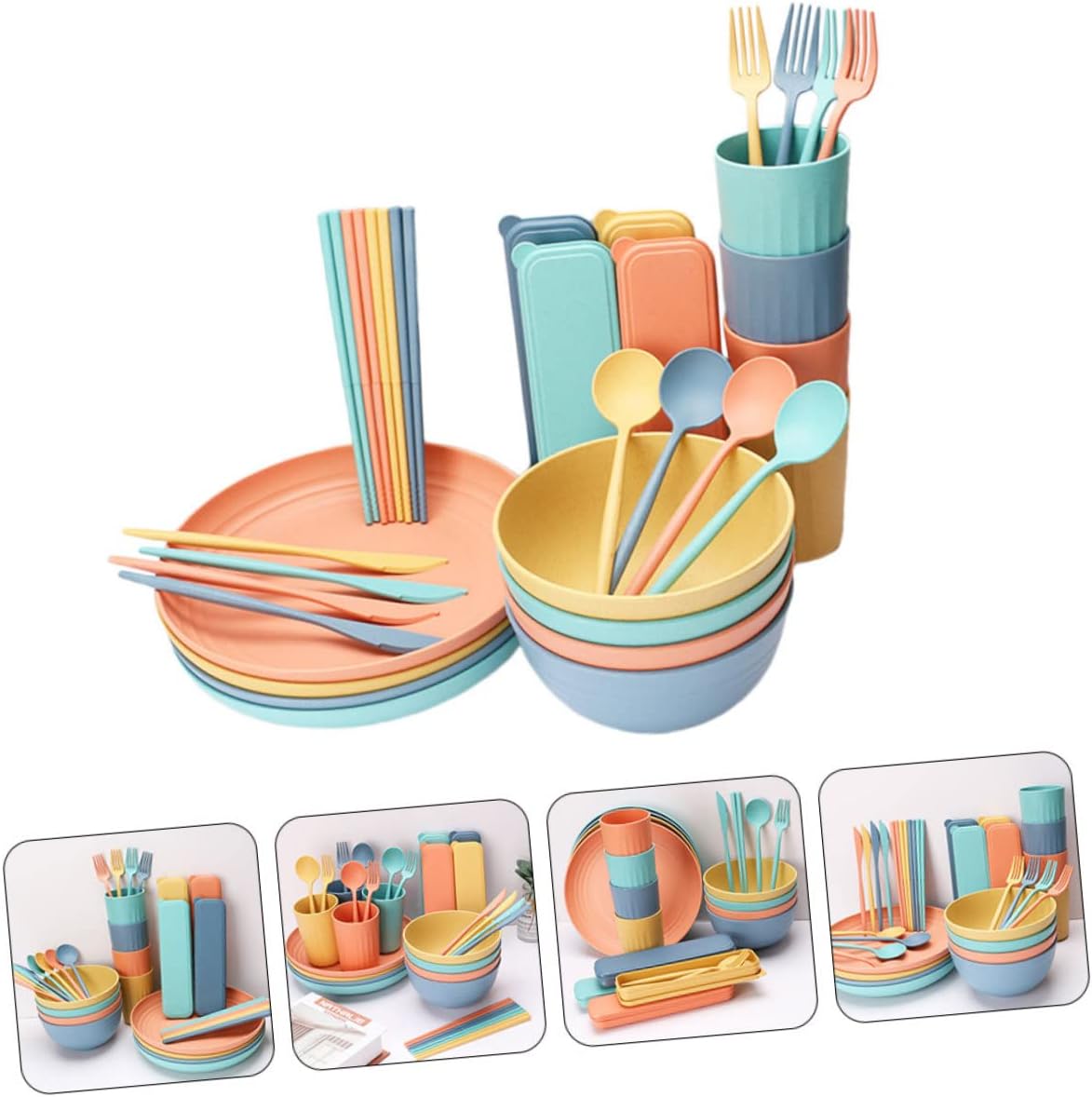 Sosoport 32-Piece Portable Wheat Straw Cutlery Set Microwave Safe Dinnerware Includes Bowls Plates Forks Spoons and Chopsticks for Outdoor Dining and Camping