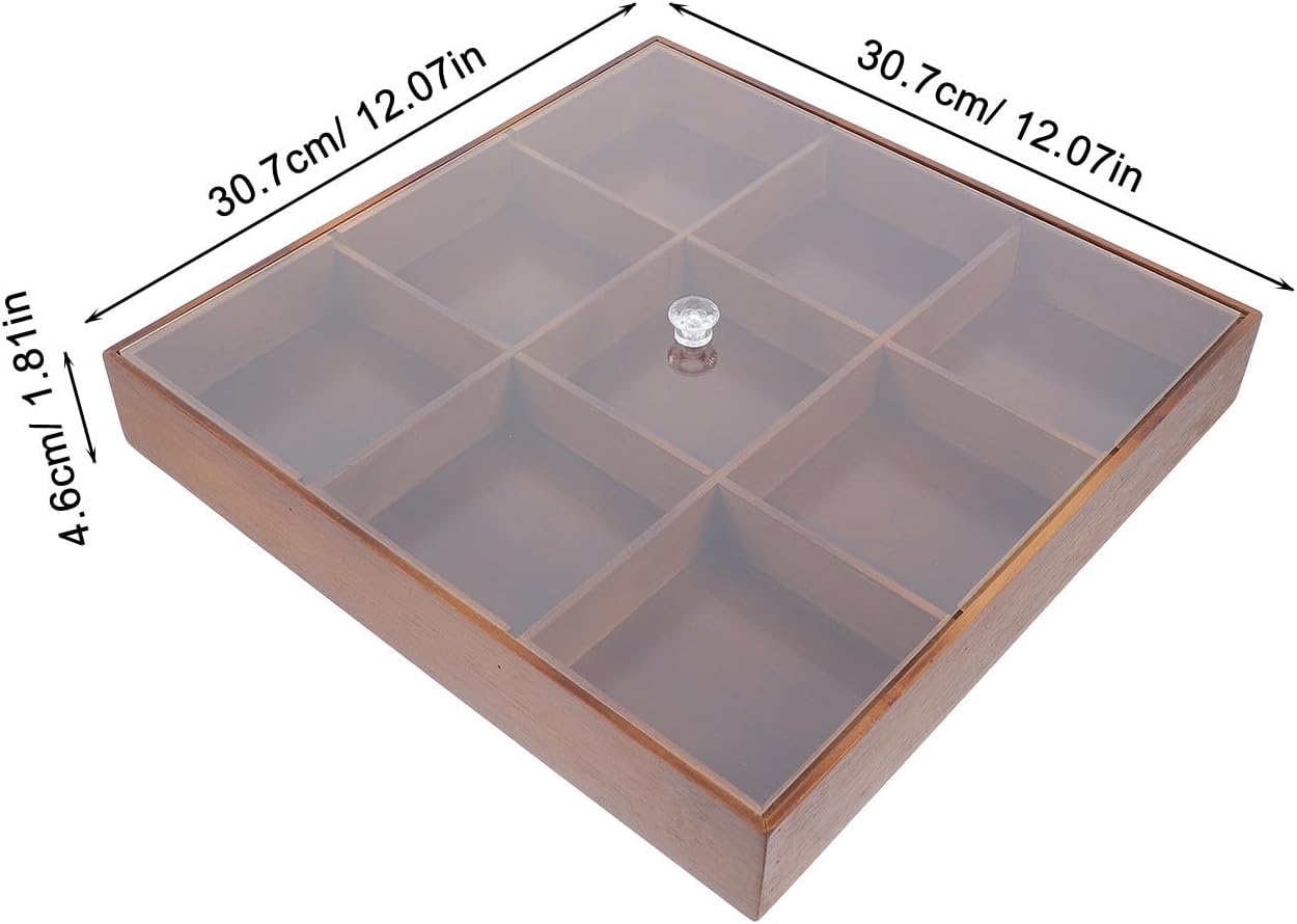 Wooden Tea Bag Storage Organizer with Lid, 9-compartment Divided Tea Container Made of Wood and Acrylic, Compact yet Spacious Design Keeps Ingredients Fresh, for Living Room
