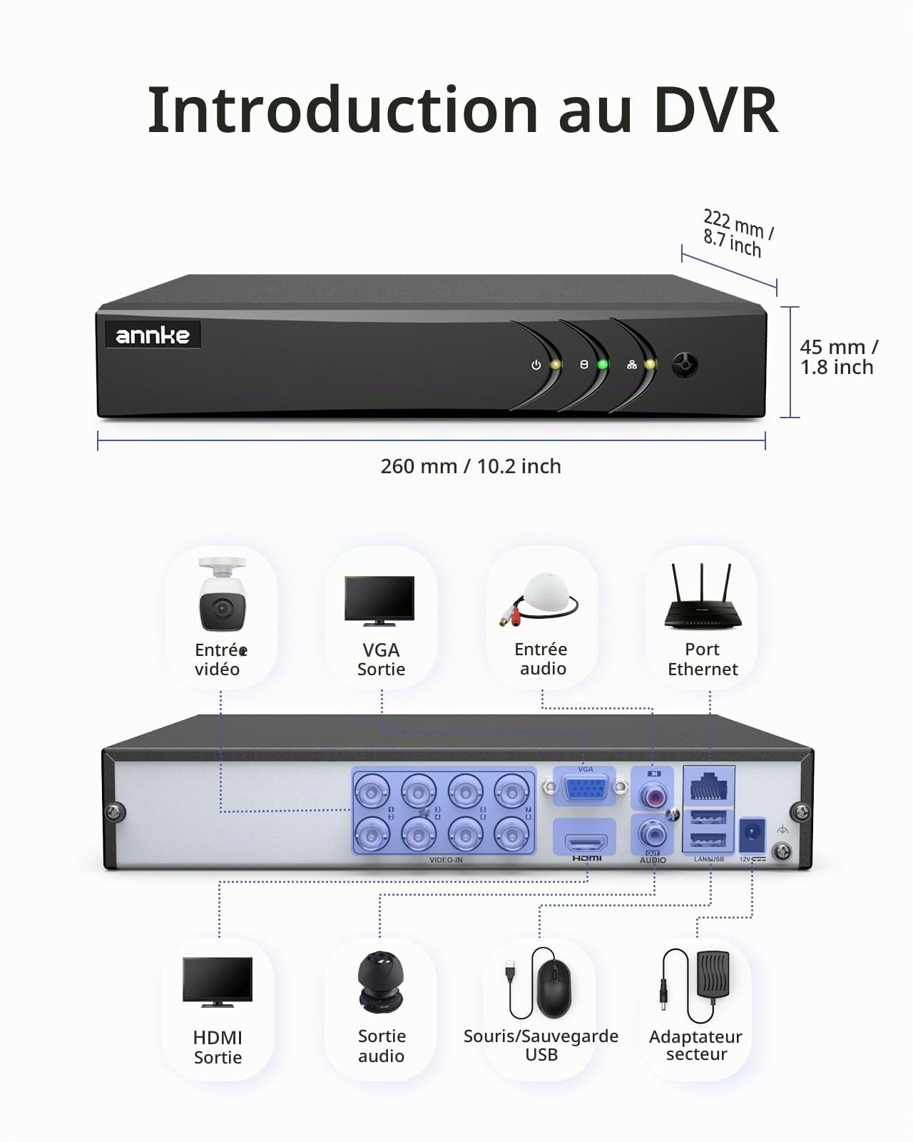 ANNKE 3K/5MP Lite 8 Kanal CCTV DVR Recorder mit 1TB Festplatte | Person- und Fahrzeugerkennung, Enregistrement 24h/24, 5 in 1 Überwachungssystem DVR Recorder für 8 Analoge und 2 IP Kameras