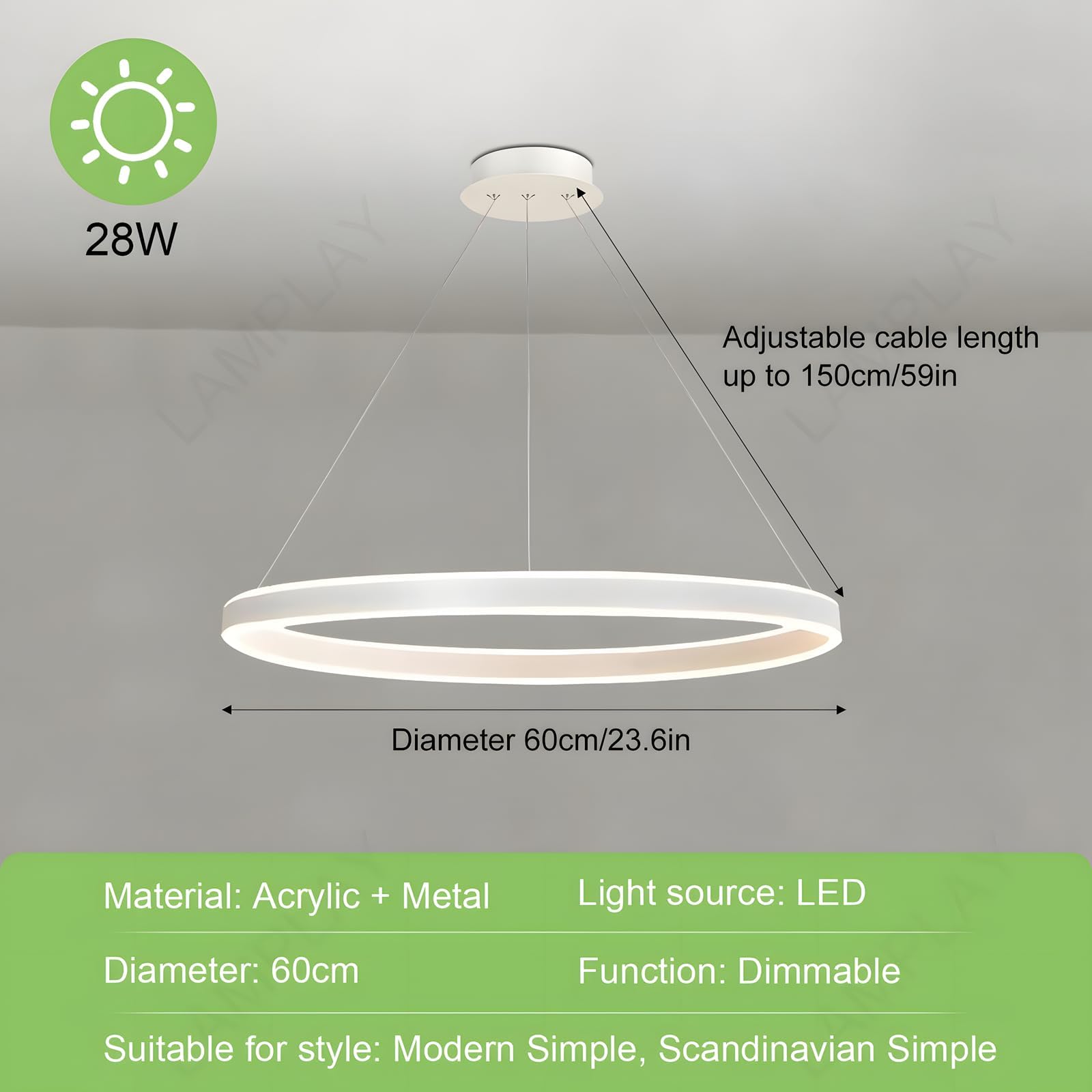Lampada A Sospensione Moderna A LED Rotonda, 1 Lampadario Ad Anello Bianco, Dimmerabile Con Telecomando 3000K-6000K Lampada Da Soffitto, Altezza Regolabile, Soggiorno Camera Da Letto(Ø60cm)