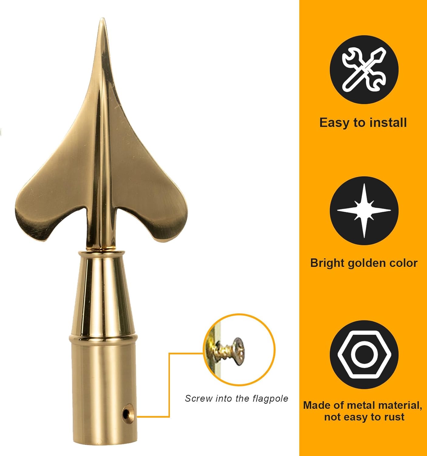 Gold Small Metal Army Spear for Indoor or Parade Flagpole Finial Topper, Suitable for Decorating 7 FT Flagpole Flagpoles Top Replacement Screw