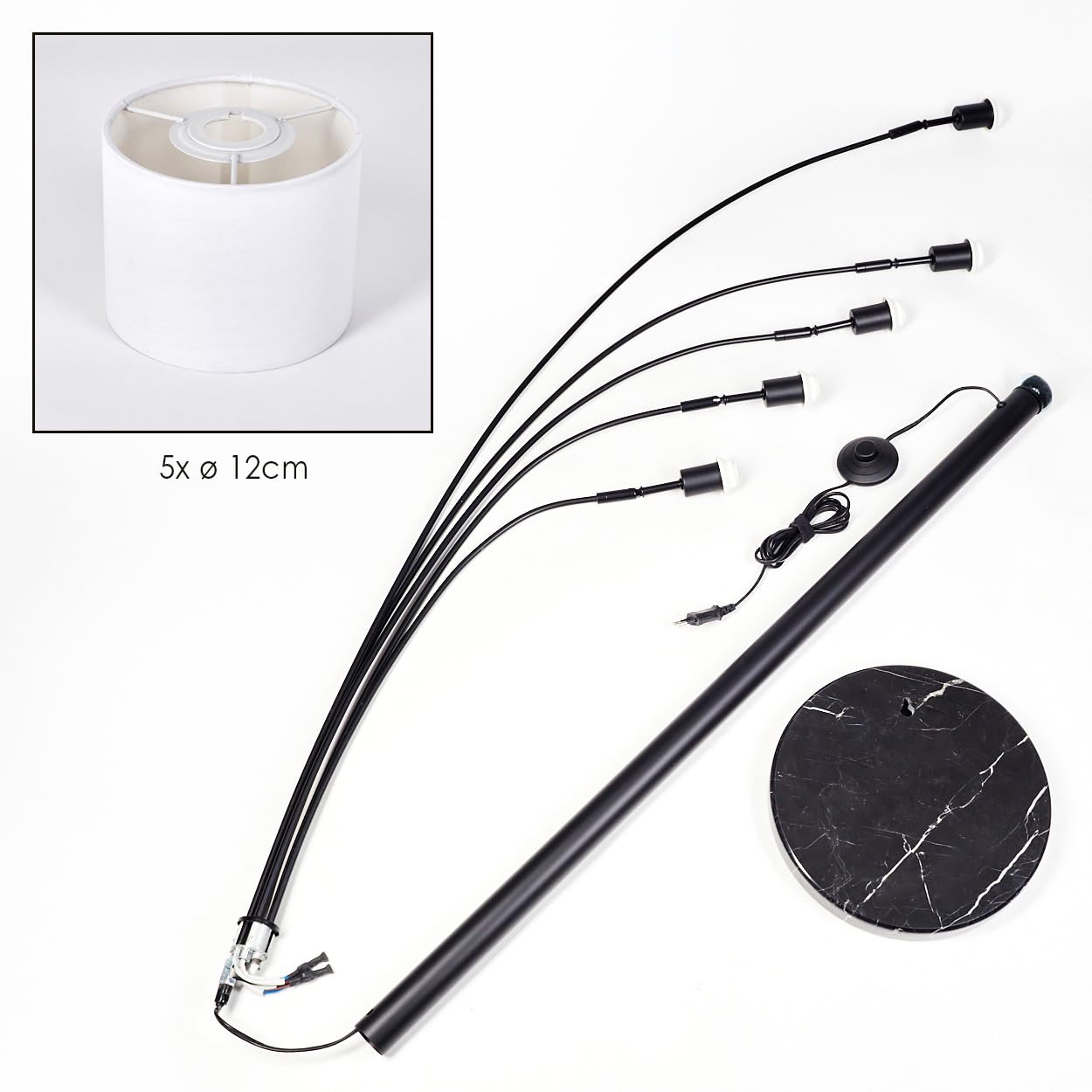 HOFSTEIN Stehleuchte Bassagoda, moderne Stehlampe mit Marmorfuß aus Metall/Stoff in Schwarz/Weiß, verstellbare Leuchte mit Fußschalter, E14, Wohnzimmer, Schlafzimmer, Flur, Büro