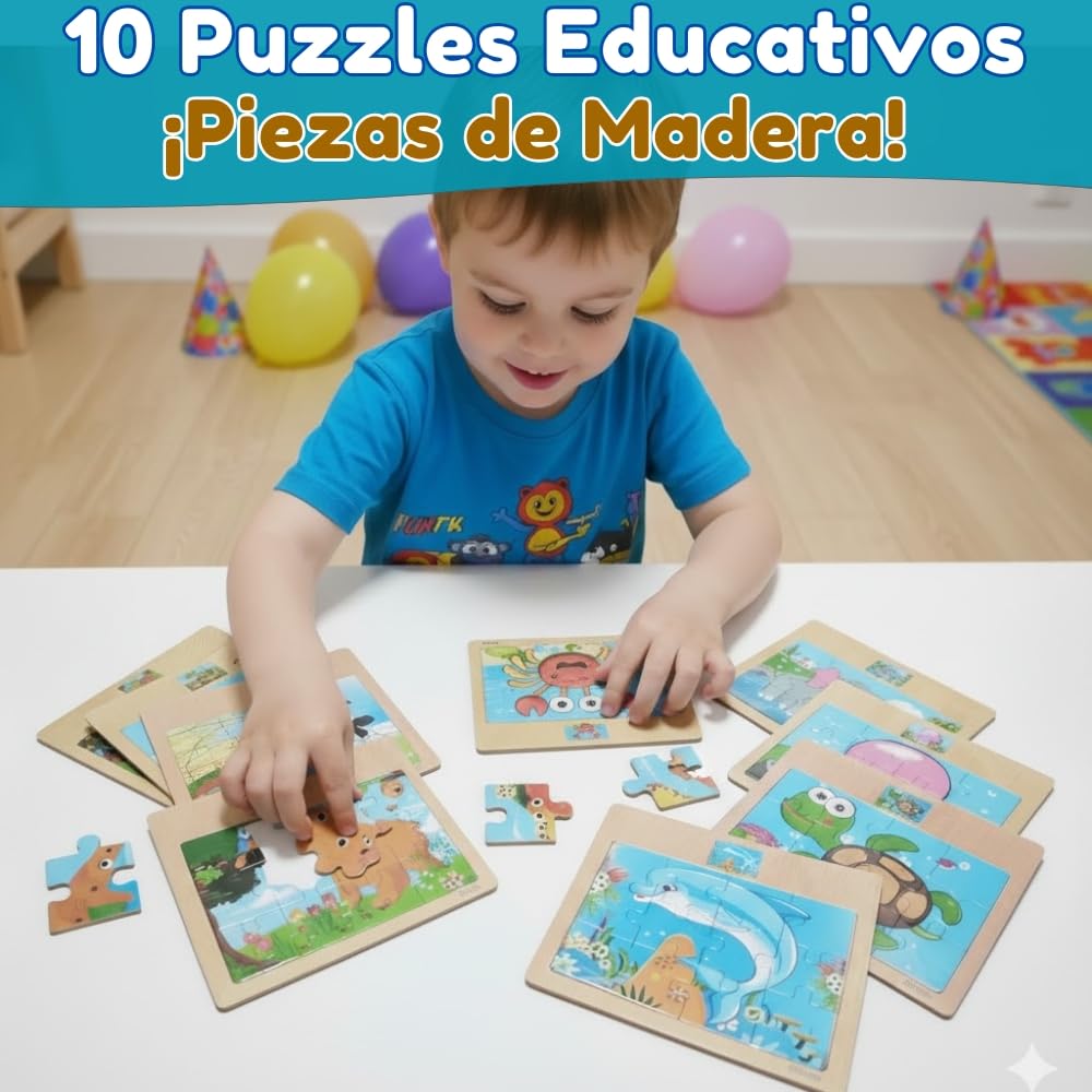 Pack 10 Puzzle Madera, Puzzles Infantiles Niños 3 a 8 Años, Juguetes Educativos, Regalos Cumpleaños Niños, Set de 10 Rompecabezas con Dinvertidos Animales (Pack 10 Puzzles)