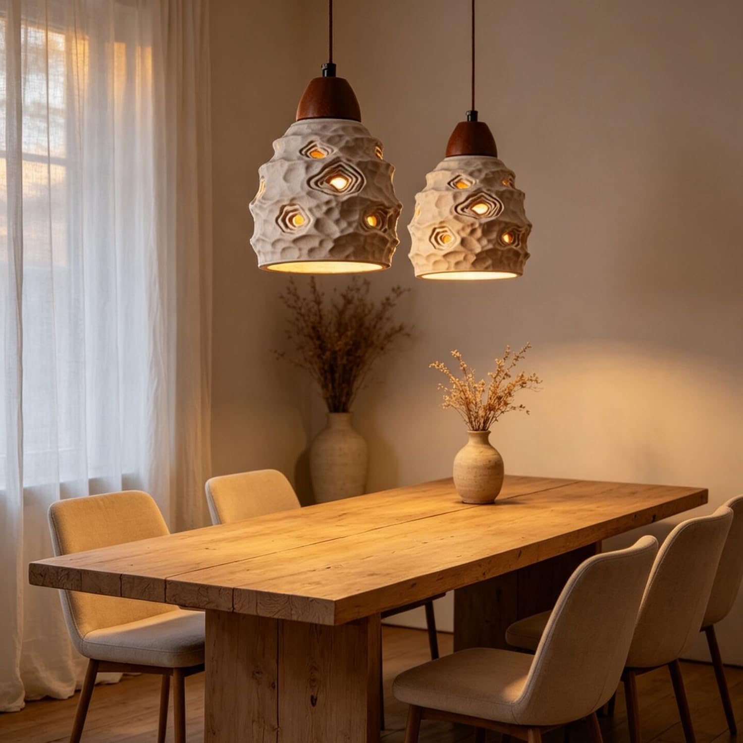 Lampadario creativo in cemento con luci sospese in legno