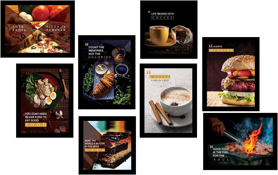 VASL™ Studio Restaurant Theme Painting - Food Quotes Wall Posters with Frame for Cafe Hotel Food Court Wall Decor/Kitchen Quotes Wall Art Frames (11 x 14 inch) Set of 8,Multicolor (Restro-4)