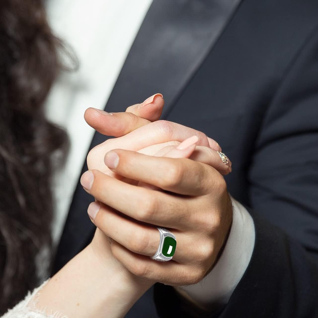 HAIXIAN Natural Agate Ring for Men, White Gold Plated Sterling Silver, Green Onyx Emerald Stone, Adjustable, Handmade Turkish Jewelry - Image 2