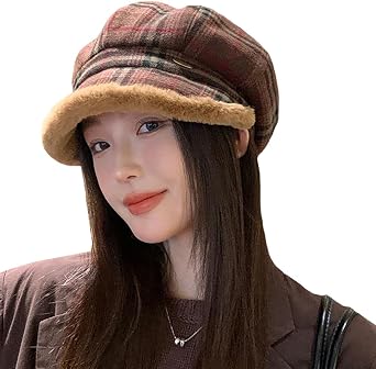 Womens Newsboy Cap Plaid Wool Beret Hat Winter Thick Warm Fashion Vintage Fall Hats Cabbie Baker Boy Hat Beret Cap