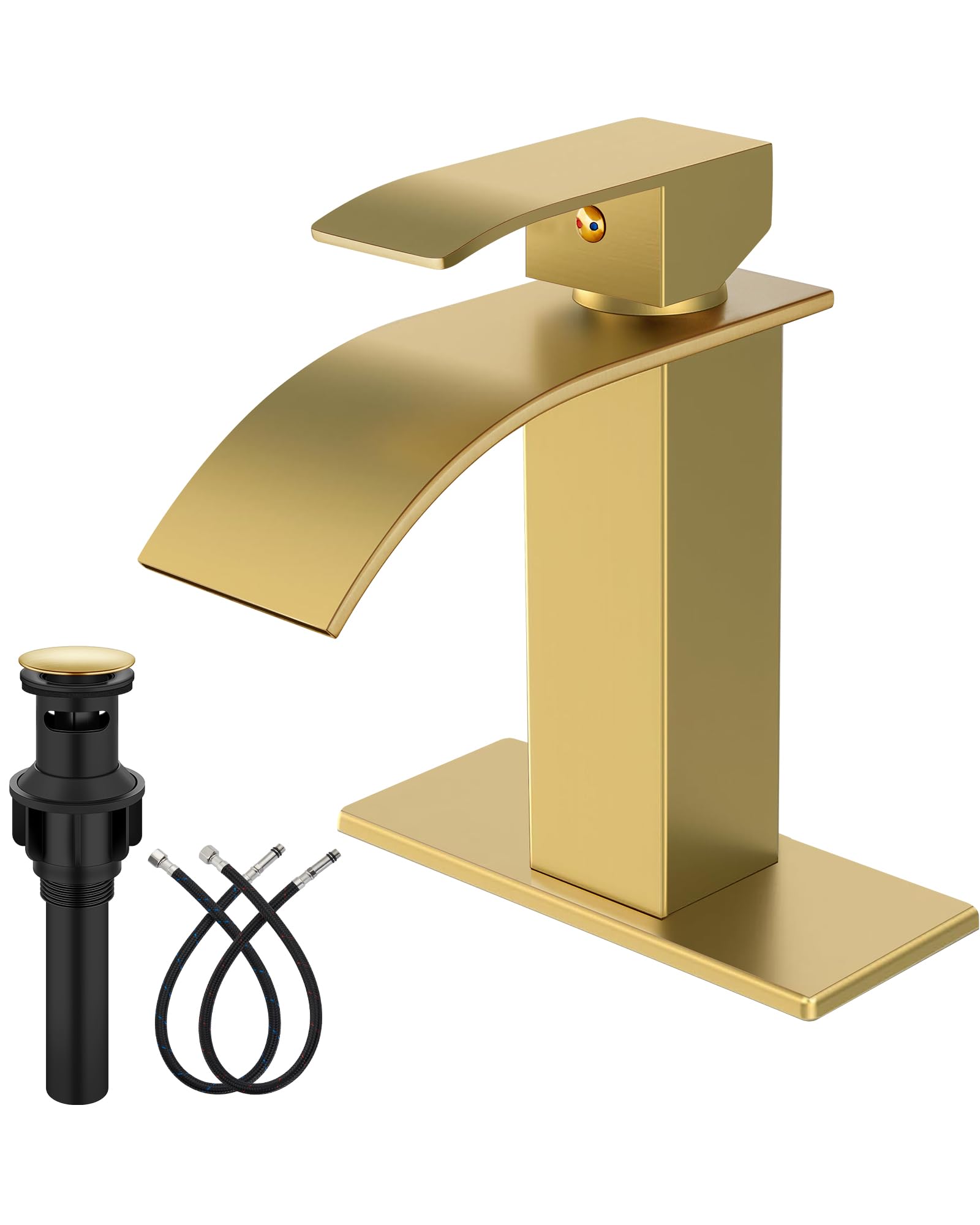 Midanya Single Hole Bathroom Faucet 1 Hole Waterfall Spout,304 Stainless Steel Bathroom Sink Faucet with Deck Plate and Pop-Up Drain,Suitable for RV Vanity,Brushed Gold