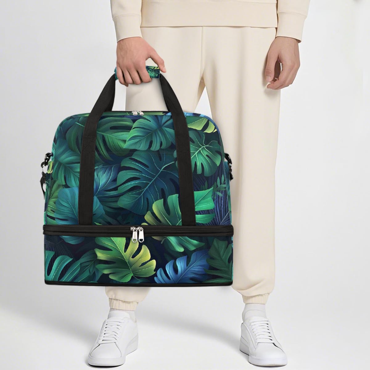 Borsone estivo da viaggio pieghevole con foglie di palma tropicale, borsa da palestra espandibile con scomparto per scarpe, borsa da weekender di grande capacità, borsa da viaggio per sport, viaggi