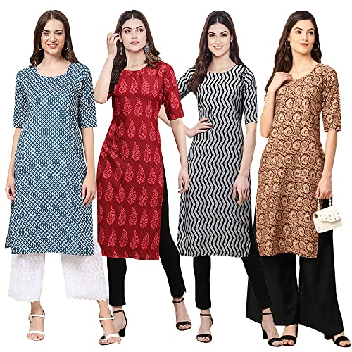 Image of Pinkmint Women's Crepe Digital Print Straight Kurta [Pack of 4] (CCV-334-338-339-335)