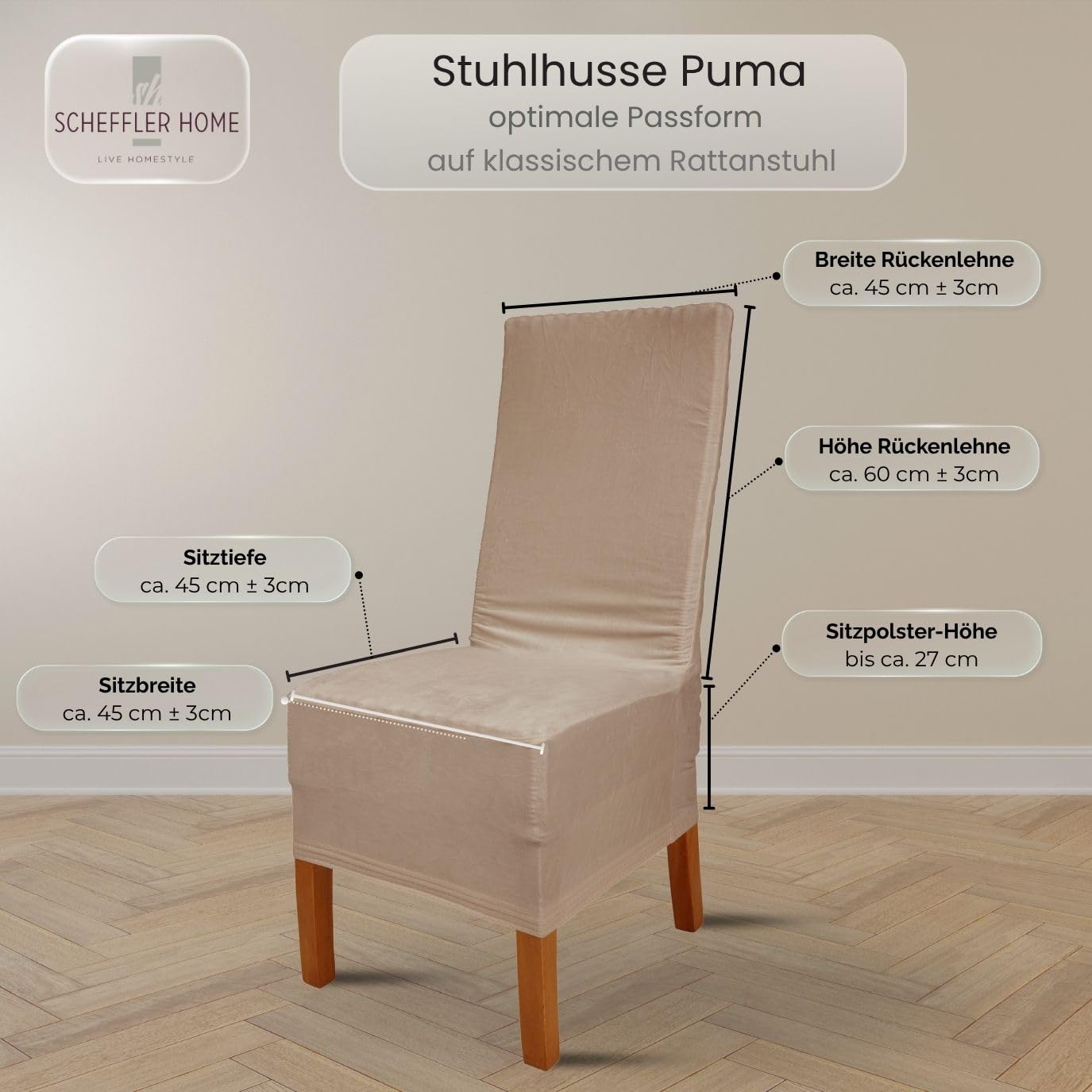 Scheffler Home Stuhlhussen Samt Stein-Beige 6er Set Puma | Weiche Velours-Stuhlbezüge, elastisch und waschbar, für Hochlehner, Polsterstühle und Esszimmerstühle