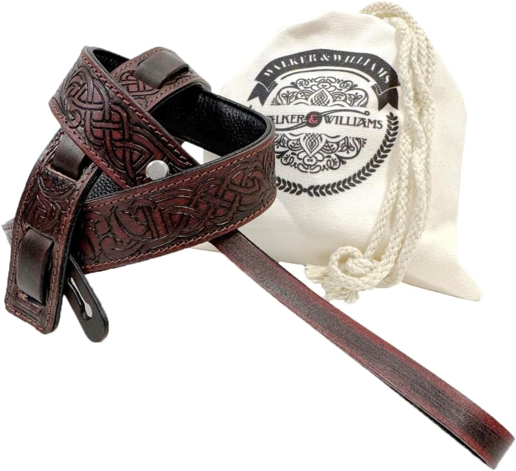Walker And Williams M-20-RD Mahogany Red Leather Premium Padded Mandolin Strap With Celtic Chain Design, For Mandola, Bouzouki or Ukulele. For F And A Type Mandolins