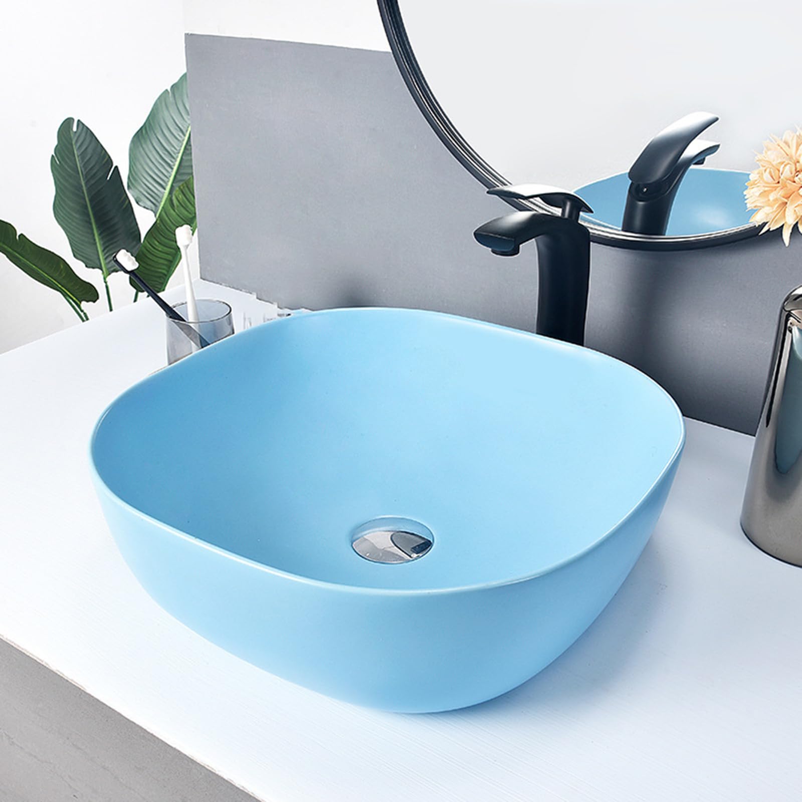 Aioneer Blue Bathroom Vessel Sink,Square Sink Bowls For Bathroom With Faucets Combo Modern Above Counter Blue Porcelain Ceramic Vessel Vanity Sink