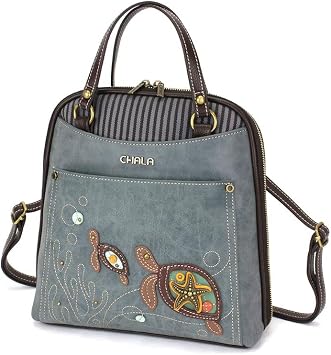 Chala Handbags Turtle Convertible Backpack Purse Turtle Lovers, Indigo color, 10.5 inch x 10.5 inch x 4 inch TUT-BK1